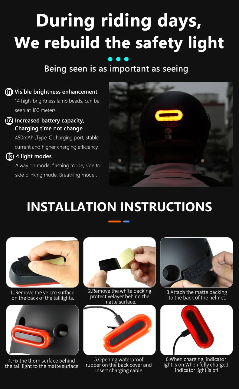 Waterproof IPX6 Electric Scooter Motorbike Helmet LED Light - Rechargeable Safety Taillight